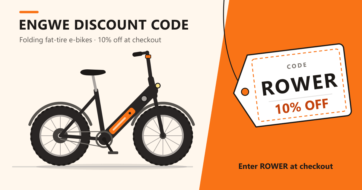 ENGWE discount code ROWER coupon tag for 10% off next to a folding fat-tire e-bike
